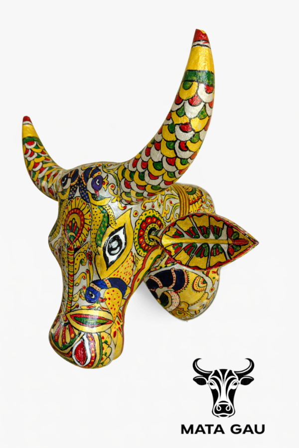 Cow head wooden sculpture for sale: Hand painted wall art